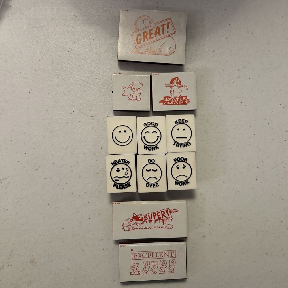 Rubber Stamp Lot ANM Teacher Vintage Good Work Super Great Poor Grade